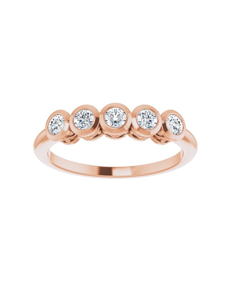 Anel Cinco Pedras com Cravação Bezel em Ouro 14k com Diamantes Naturais