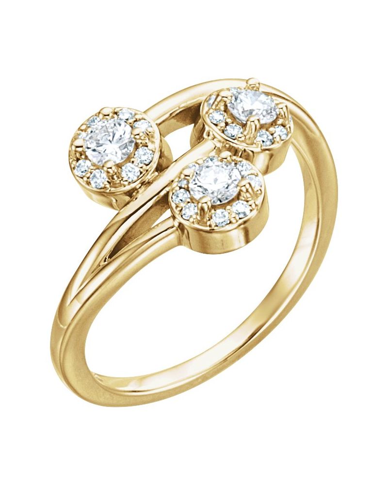 Anel Três Pedras Halo em Ouro 14k com Diamantes Naturais