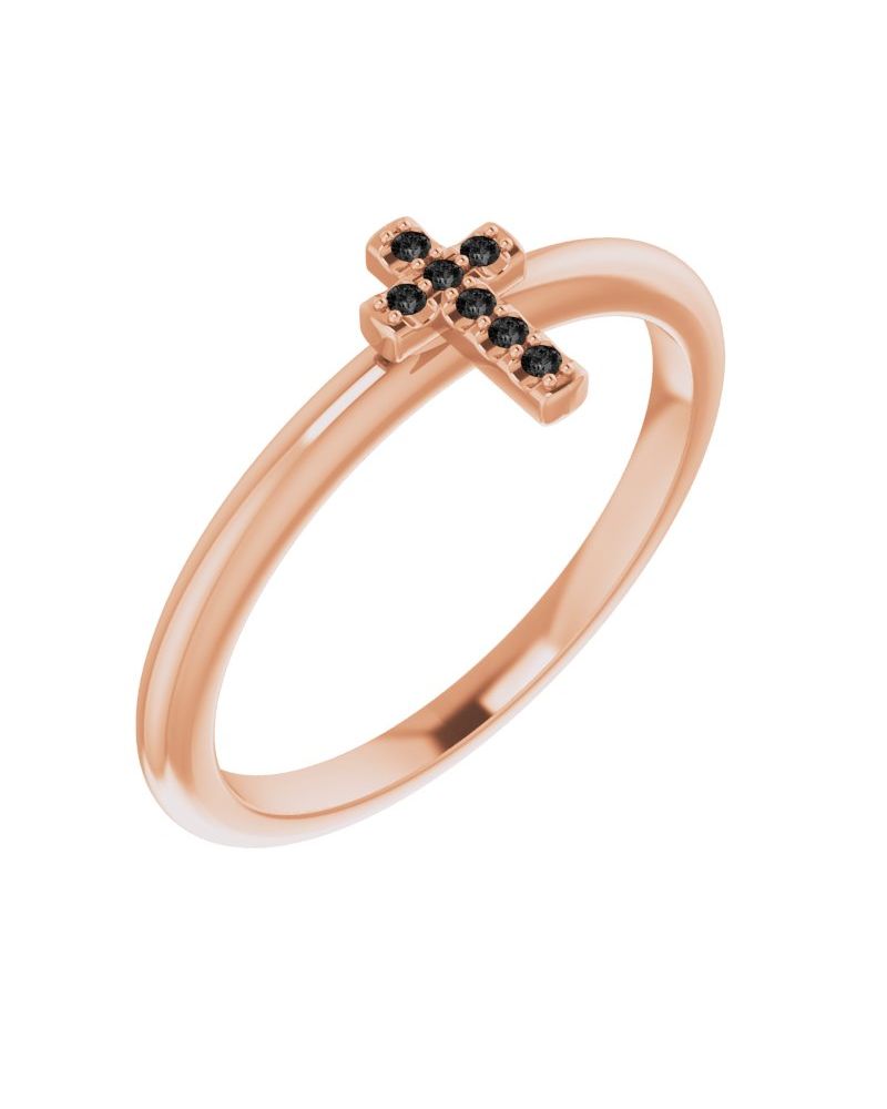 Anel Cruz Cravejado Empilhável em Ouro 14k com Diamantes Negros