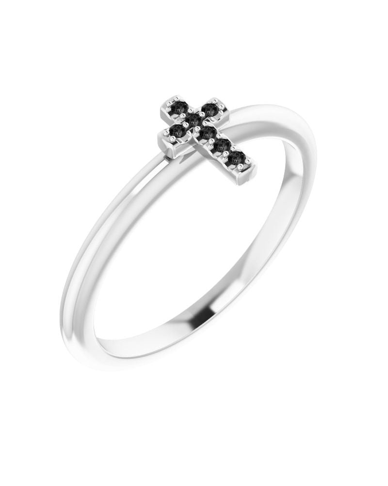 Anel Cruz Cravejado Empilhável em Ouro 14k com Diamantes Negros