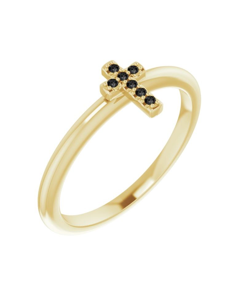 Anel Cruz Cravejado Empilhável em Ouro 14k com Diamantes Negros