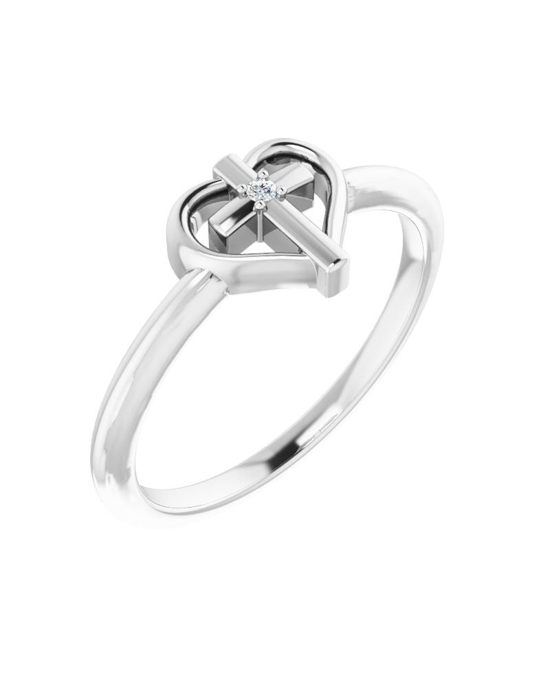 Anel Cruz e Coração Cravejado em Ouro 14k com Diamantes Naturais
