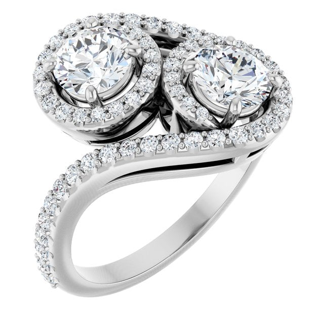 Anel de Noivado Toi et Moi Duas Pedras com Halo em Ouro 14k com Diamantes Naturais – Branco 14k