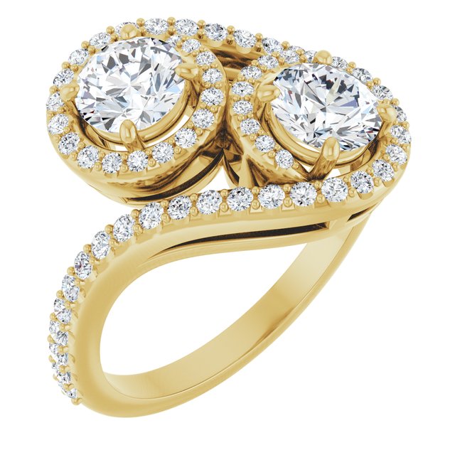 Anel de Noivado Toi et Moi Duas Pedras com Halo em Ouro 14k com Diamantes Naturais – Amarelo 14k