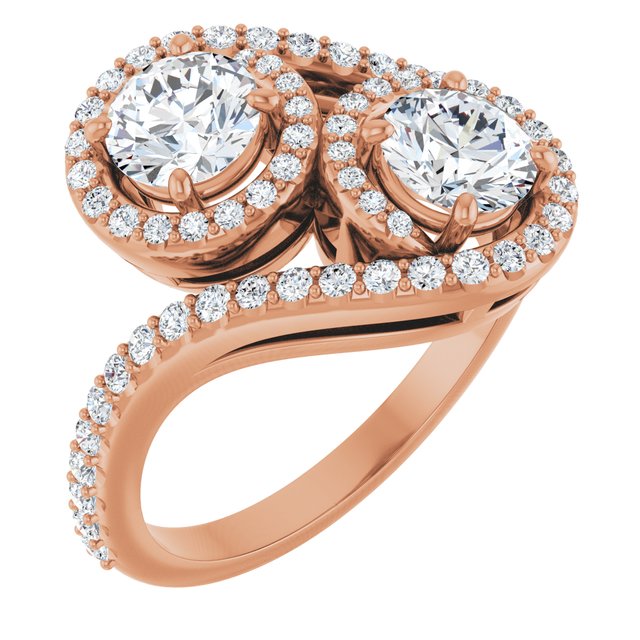 Anel de Noivado Toi et Moi Duas Pedras com Halo em Ouro 14k com Diamantes Naturais – Rosé 14k