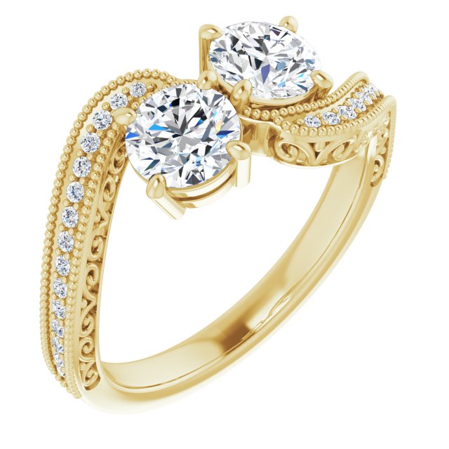 Anel de Noivado Toi et Moi Duas Pedras Vintage em Ouro 14k com Diamantes Naturais – Amarelo 14k