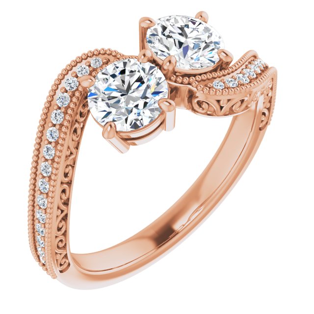 Anel de Noivado Toi et Moi Duas Pedras Vintage em Ouro 14k com Diamantes Naturais – Rosé 14k