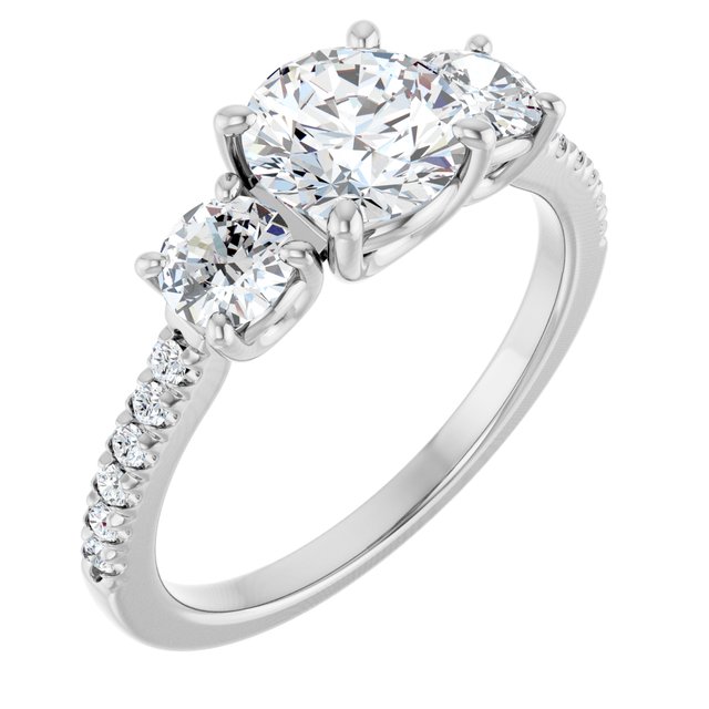 Anel de Noivado Três Pedras com Aro Cravejado em Ouro 14k com Diamantes Naturais – Branco 14k