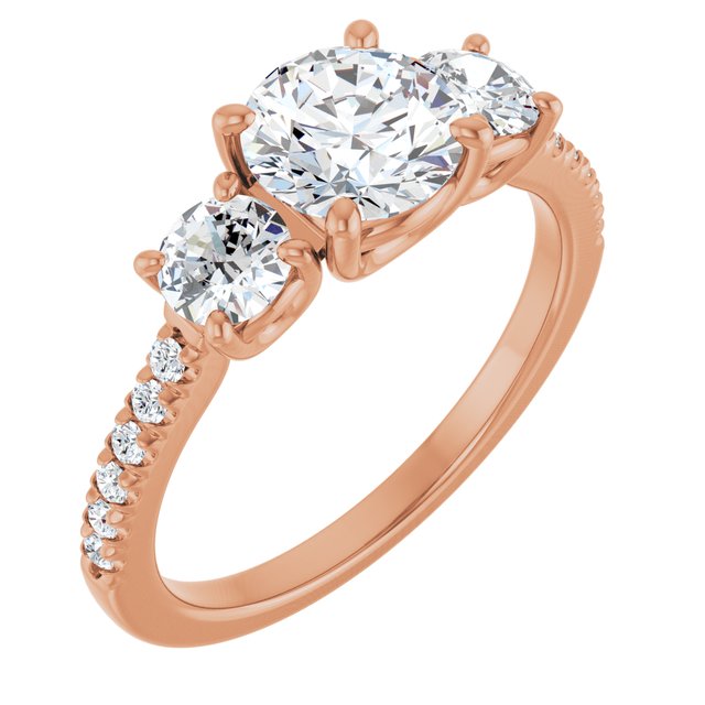 Anel de Noivado Três Pedras com Aro Cravejado em Ouro 14k com Diamantes Naturais – Rosé 14k