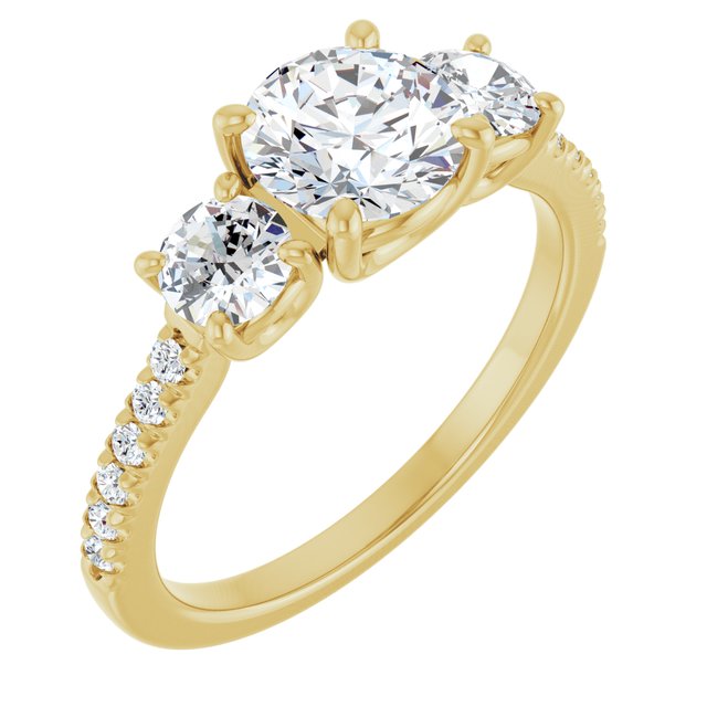 Anel de Noivado Três Pedras com Aro Cravejado em Ouro 14k com Diamantes Naturais – Amarelo 14k