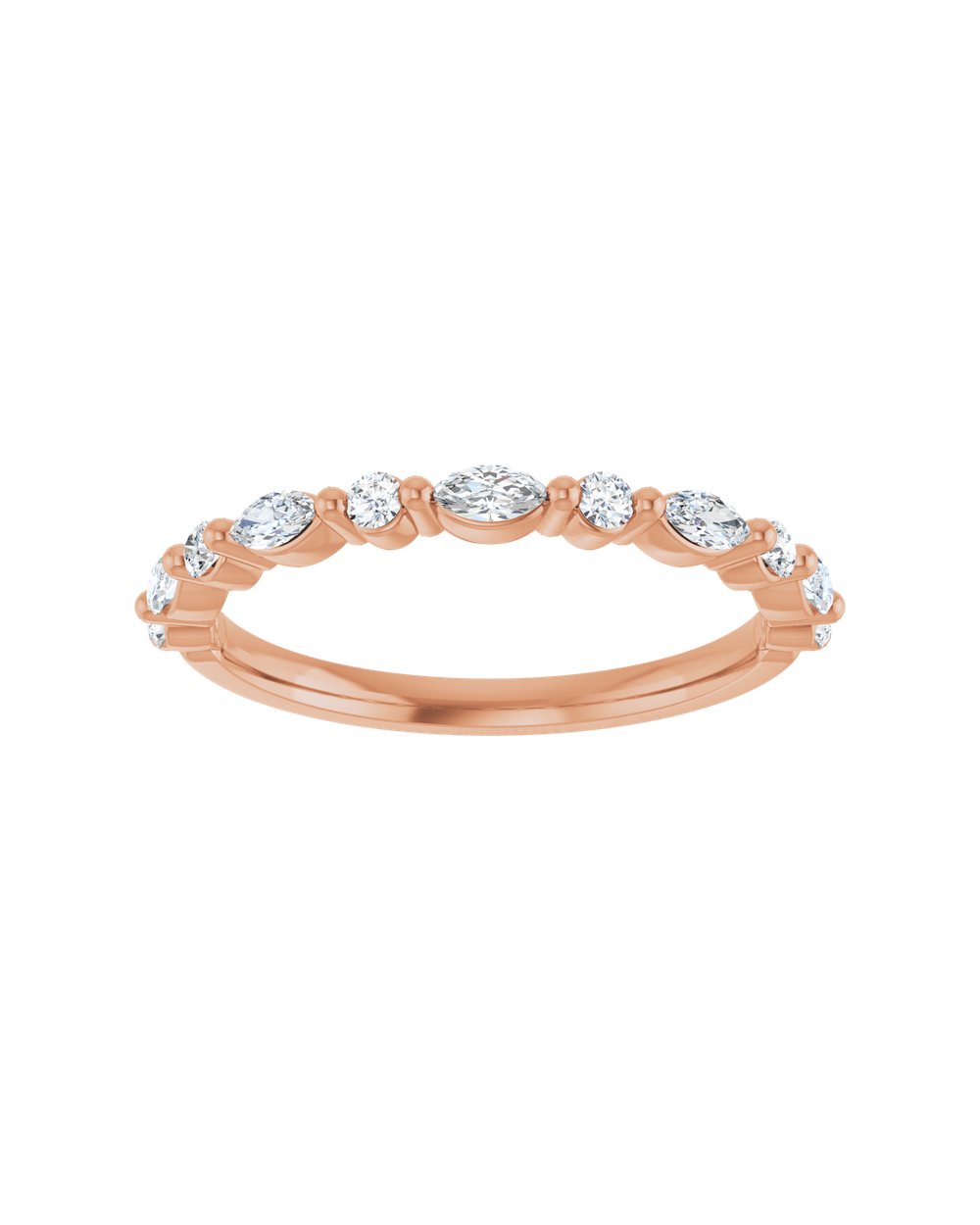 Anel Meia Aliança em Ouro 14k com Diamantes Navete e Brilhante – Rosé 14k