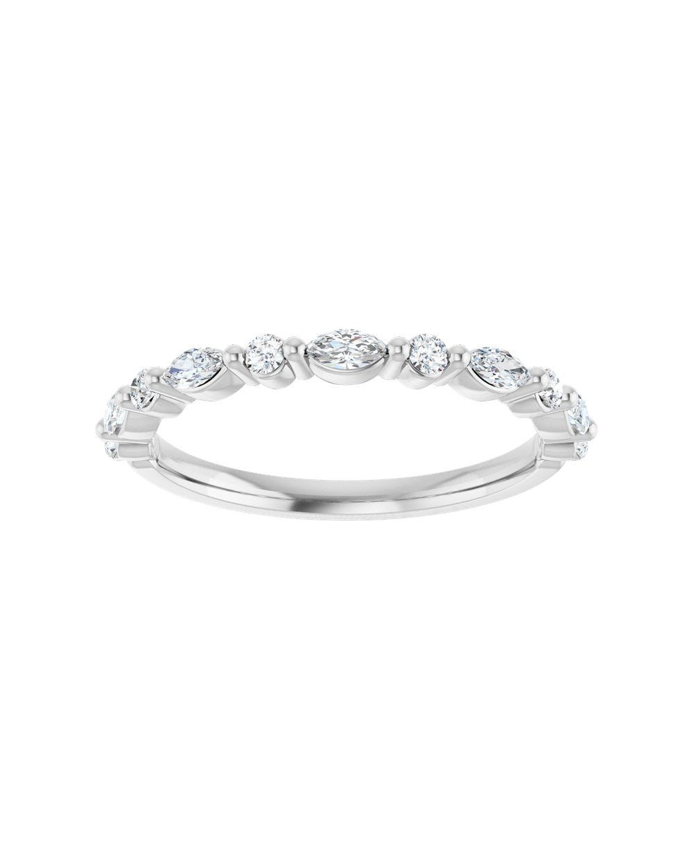 Anel Meia Aliança em Ouro 14k com Diamantes Navete e Brilhante – Branco 14k