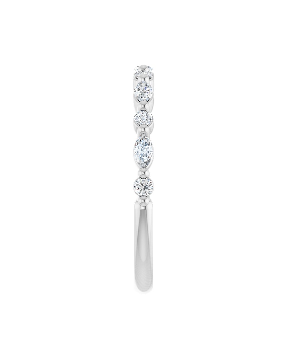 Anel Meia Aliança em Ouro 14k com Diamantes Navete e Brilhante – Branco 14k