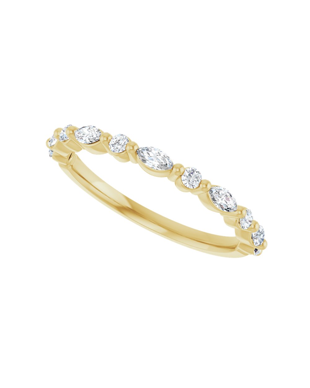 Anel Meia Aliança em Ouro 14k com Diamantes Navete e Brilhante – Amarelo 14k