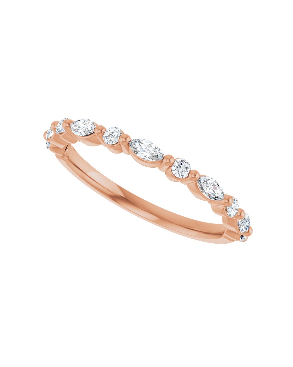 Anel Meia Aliança em Ouro 14k com Diamantes Navete e Brilhante – Rosé 14k
