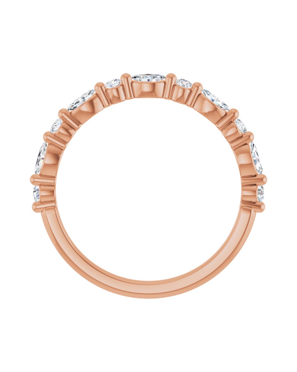 Anel Meia Aliança em Ouro 14k com Diamantes Navete e Brilhante – Rosé 14k