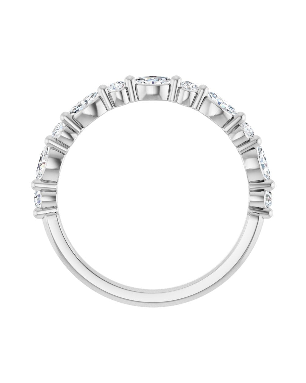 Anel Meia Aliança em Ouro 14k com Diamantes Navete e Brilhante – Branco 14k