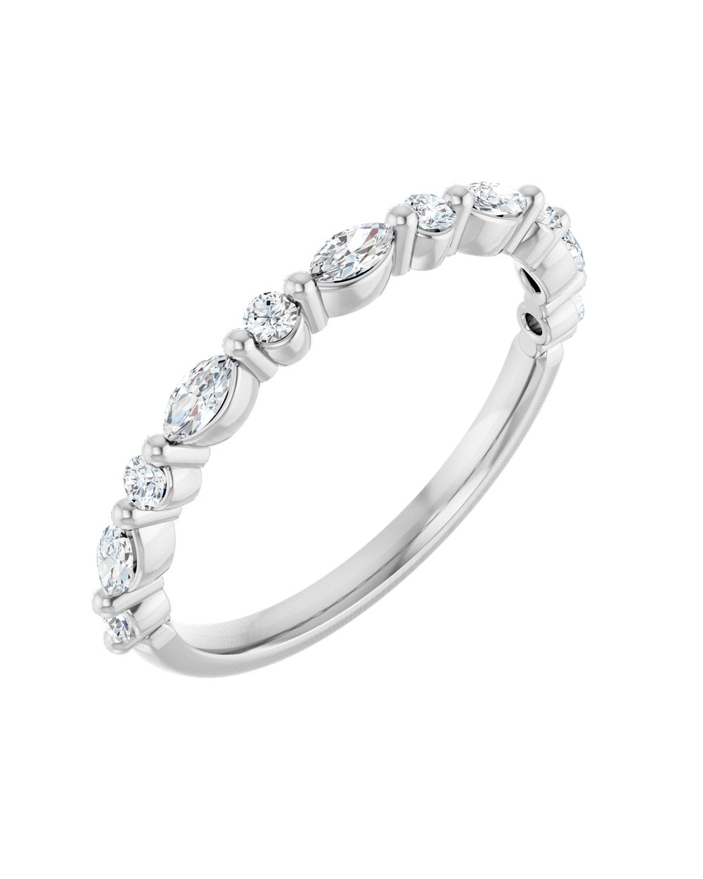 Anel Meia Aliança em Ouro 14k com Diamantes Navete e Brilhante – Branco 14k