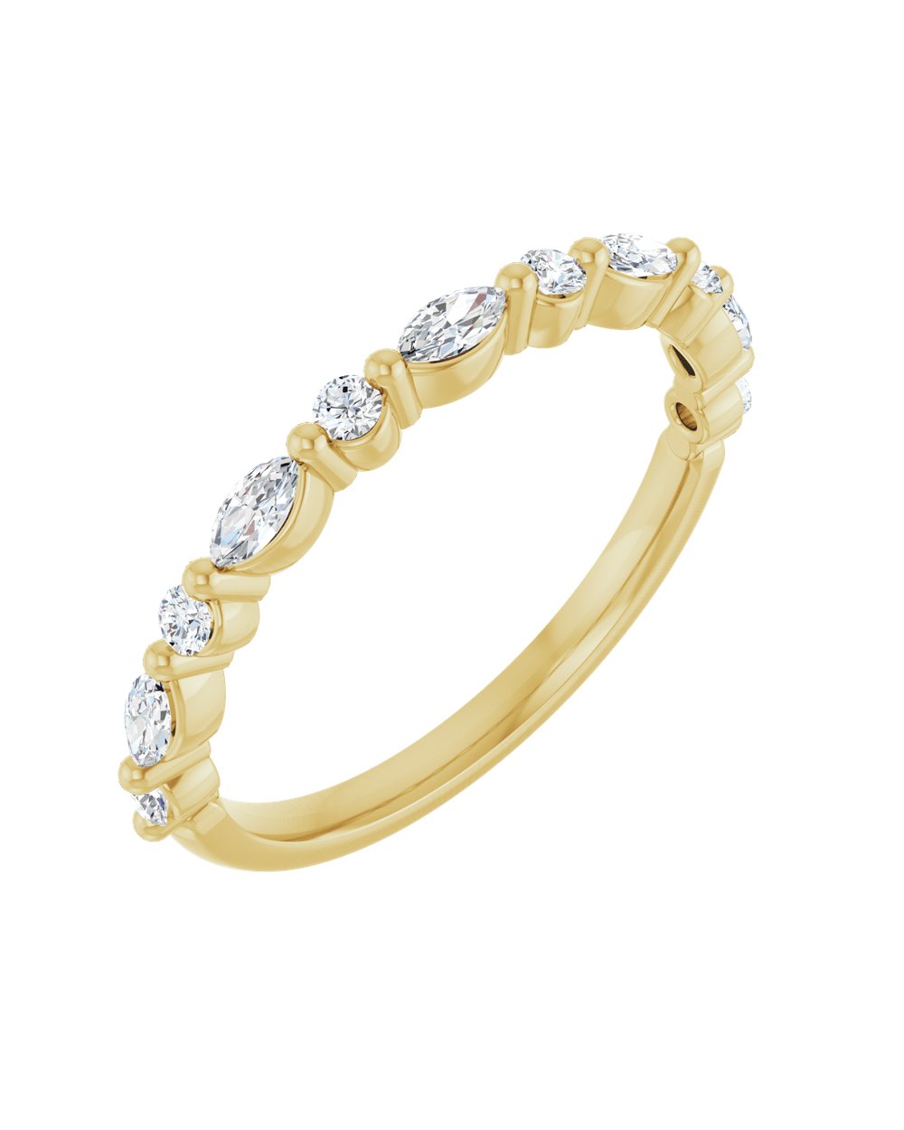 Anel Meia Aliança em Ouro 14k com Diamantes Navete e Brilhante – Amarelo 14k