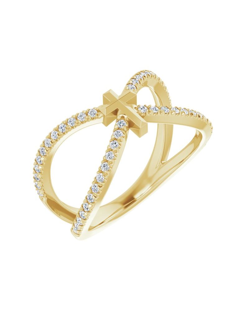 Anel Cruz com Cravação Francesa em Ouro 14k com Diamantes Naturais