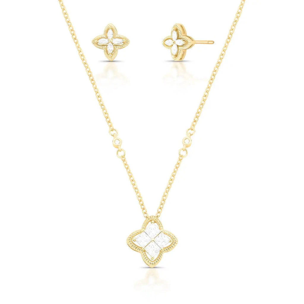 Conjunto Folheado a Ouro Brinco e Colar de Flor em Zircônias