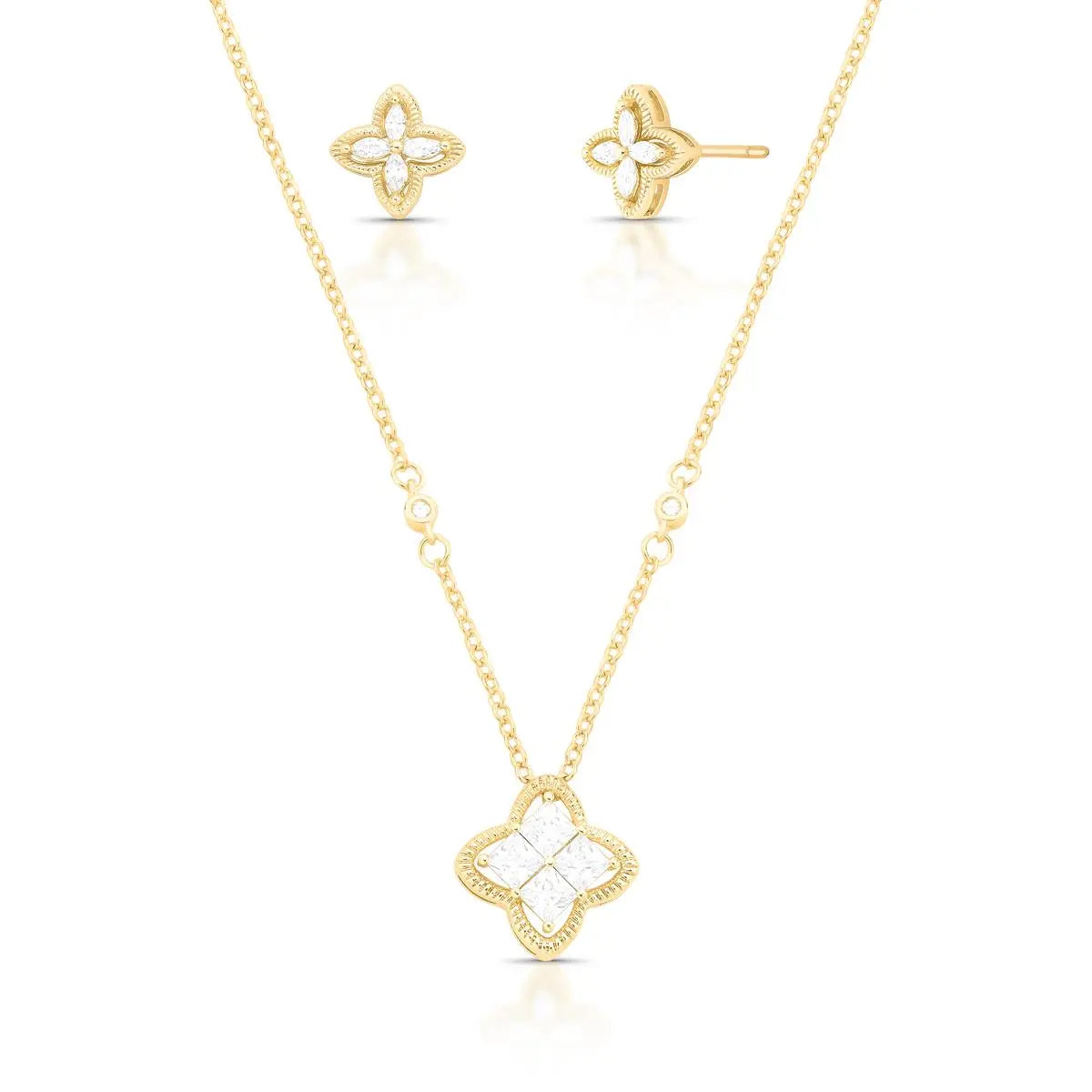 Conjunto Folheado a Ouro Brinco e Colar de Flor em Zircônias
