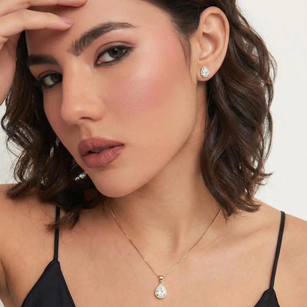 Conjunto Brinco e Colar com Cristal de Gota e Zircônias