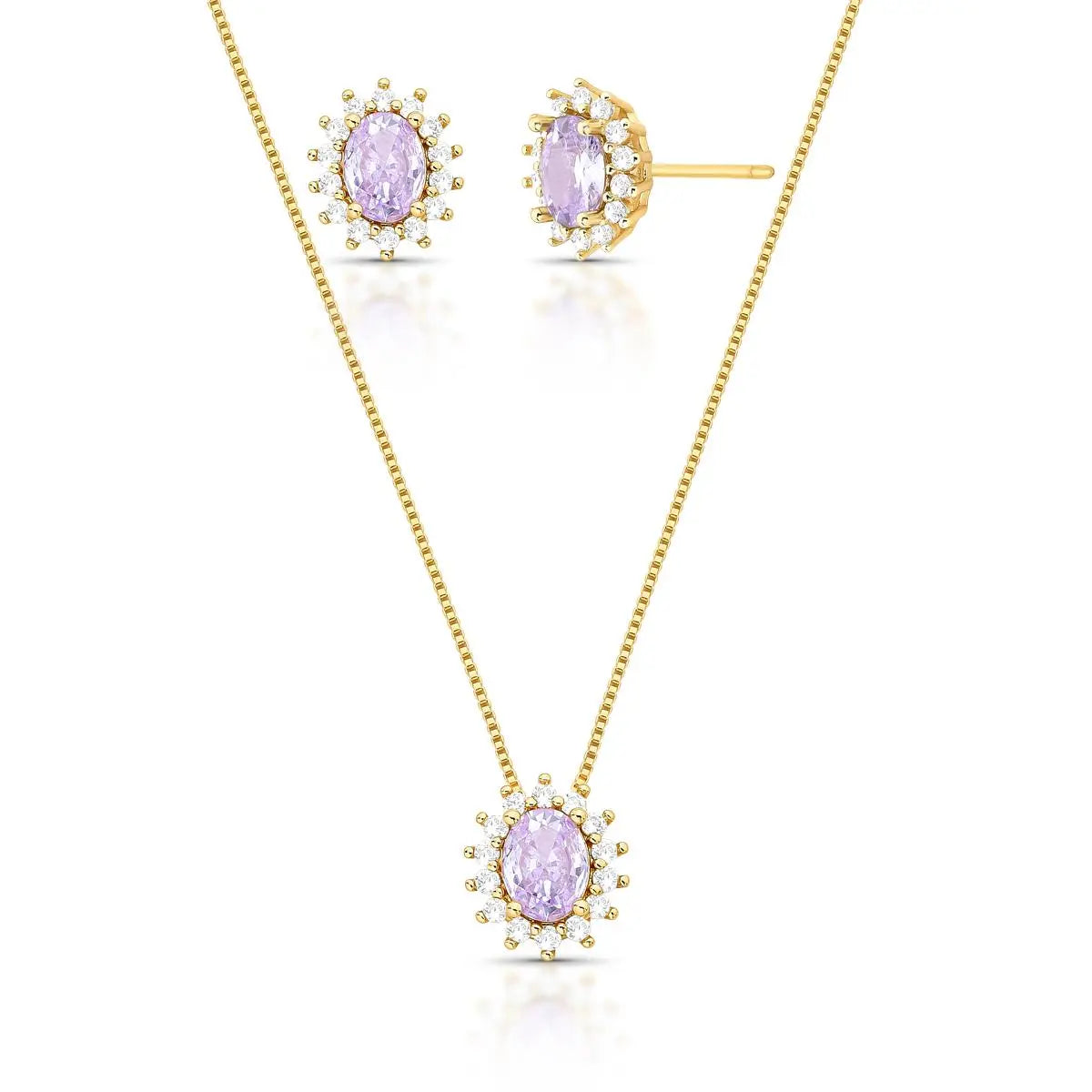 Conjunto Brinco e Colar com Cristal Oval e Zircônias