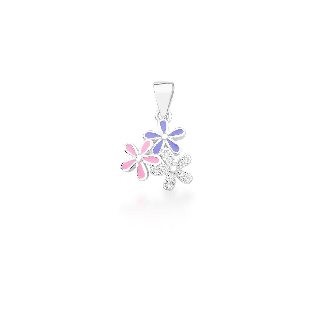 Pingente de Prata 925 Kids com Três Flores Esmaltado e Zircônias