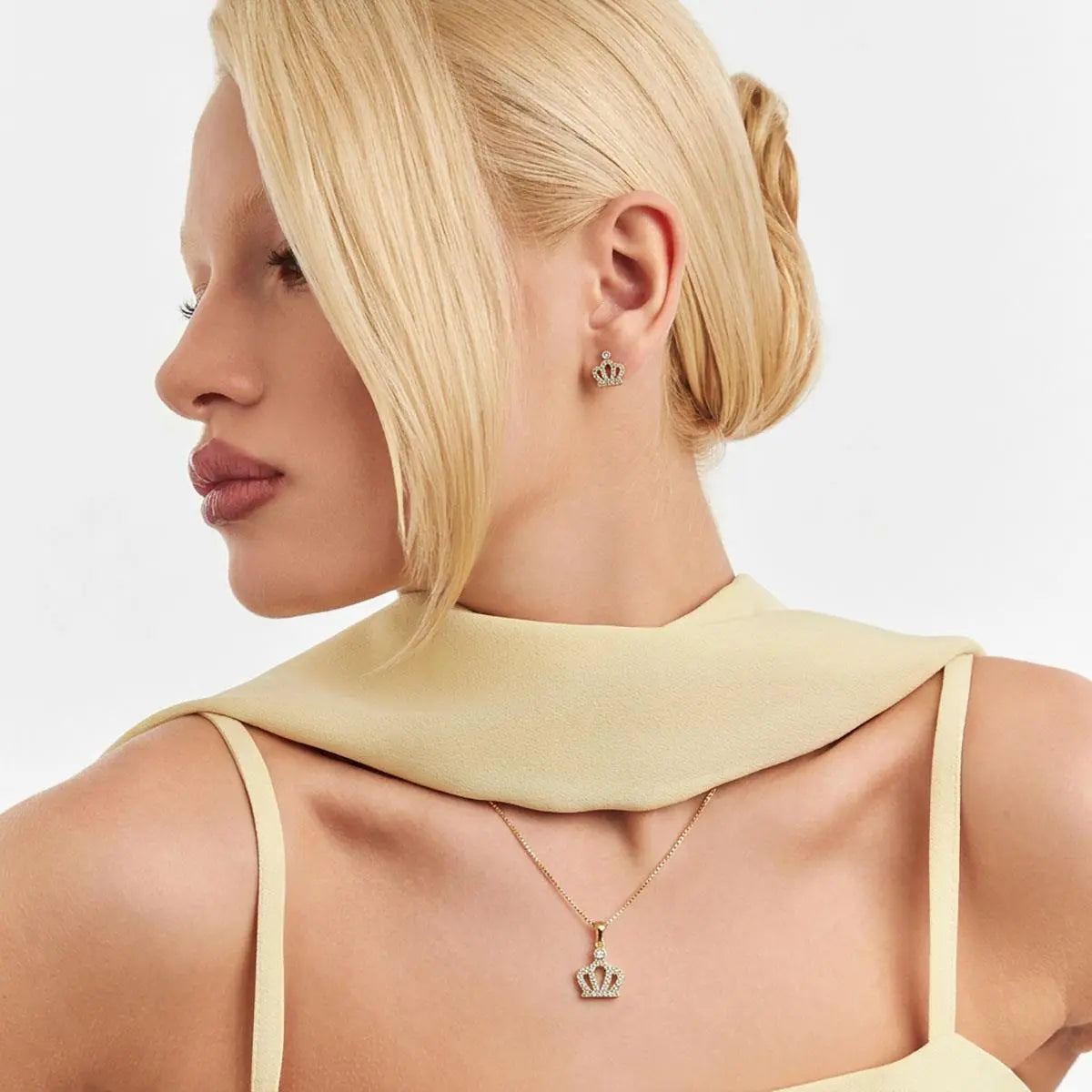 Conjunto Brinco e Colar de Coroa com Cristal Redondo e Zircônias