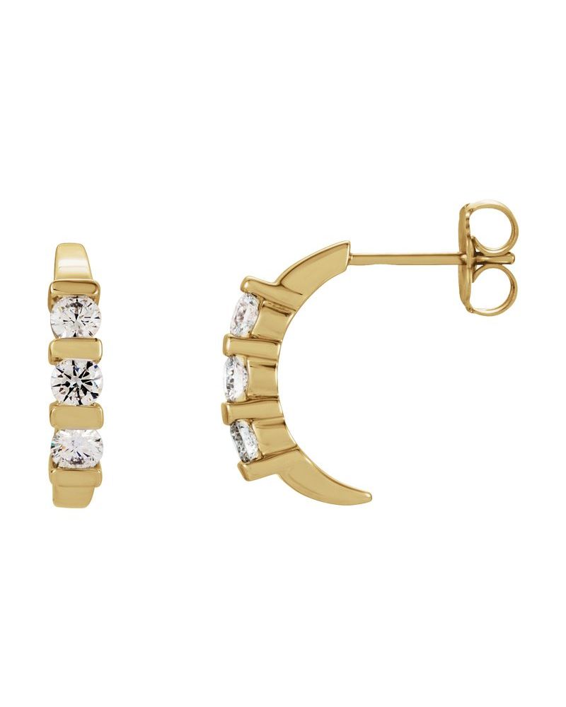 Brinco Meia Argola Três Pedras em Ouro 14k com Diamantes Naturais