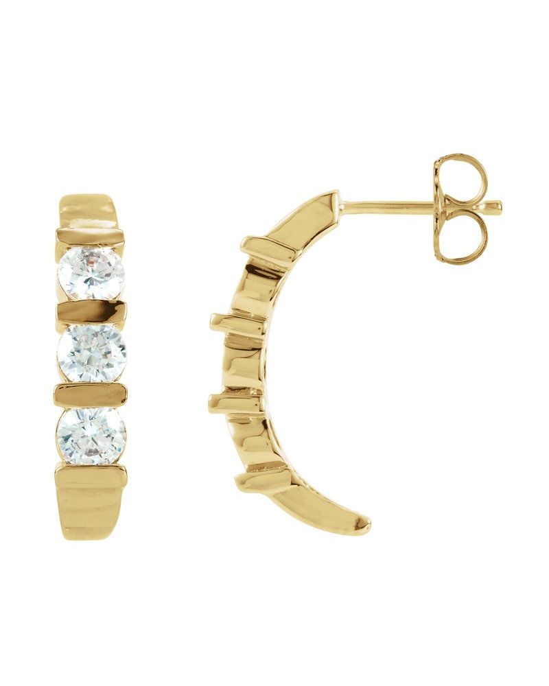 Brinco Meia Argola Três Pedras em Ouro 14k com Diamantes Naturais