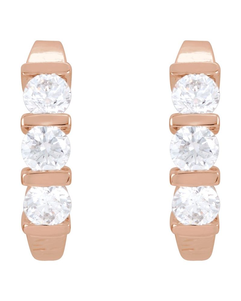 Brinco Meia Argola Três Pedras em Ouro 14k com Diamantes Naturais