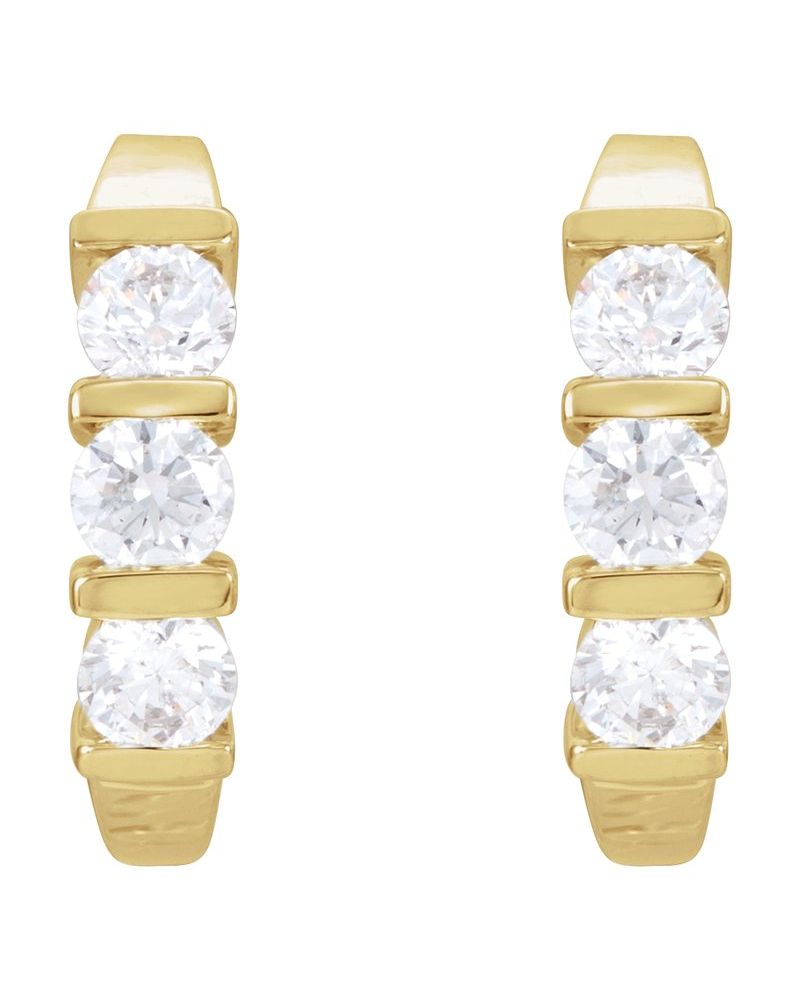 Brinco Meia Argola Três Pedras em Ouro 14k com Diamantes de Laboratório