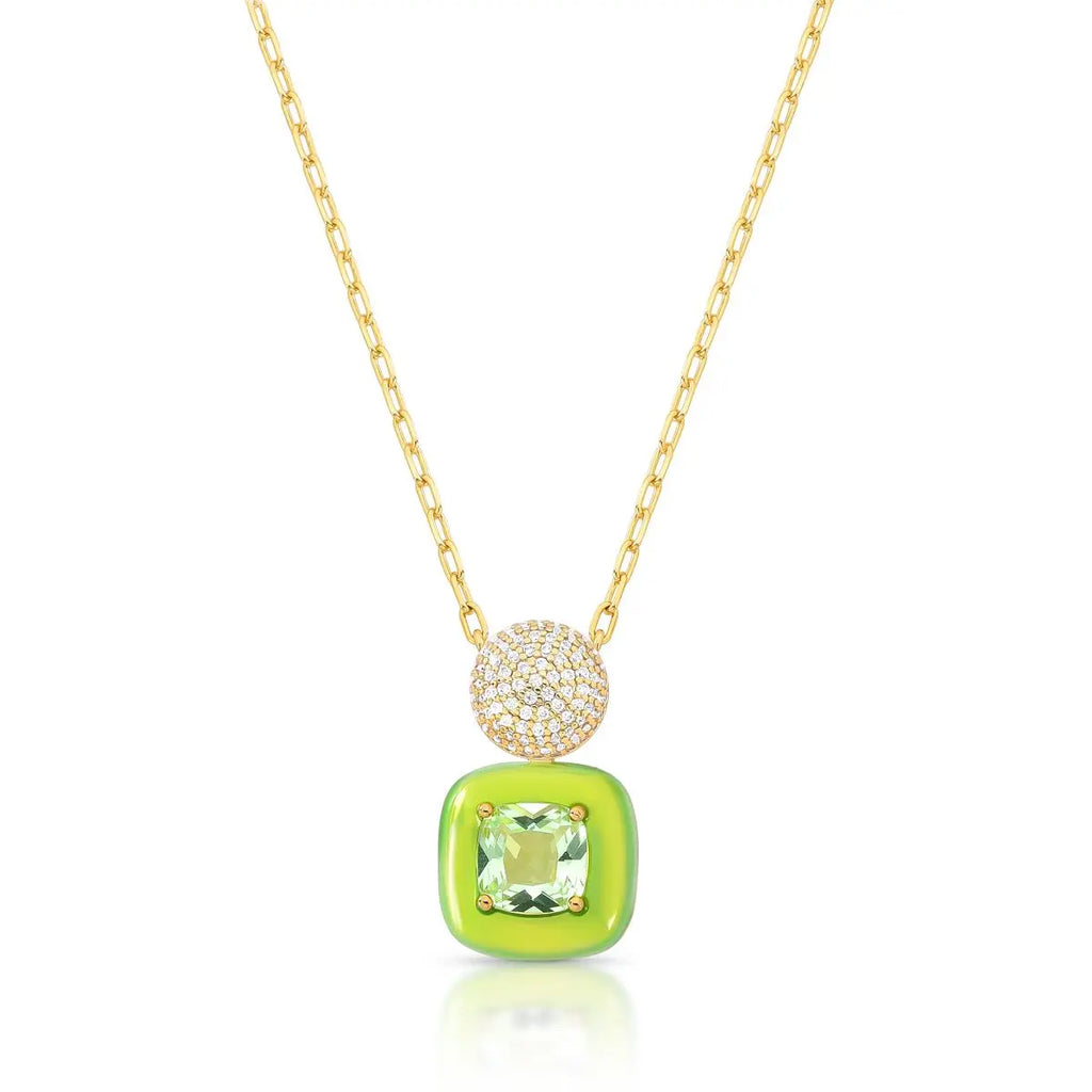 Colar Folheado a Ouro com Pingente Esmaltado em Cristal Quadrado e Zircônias