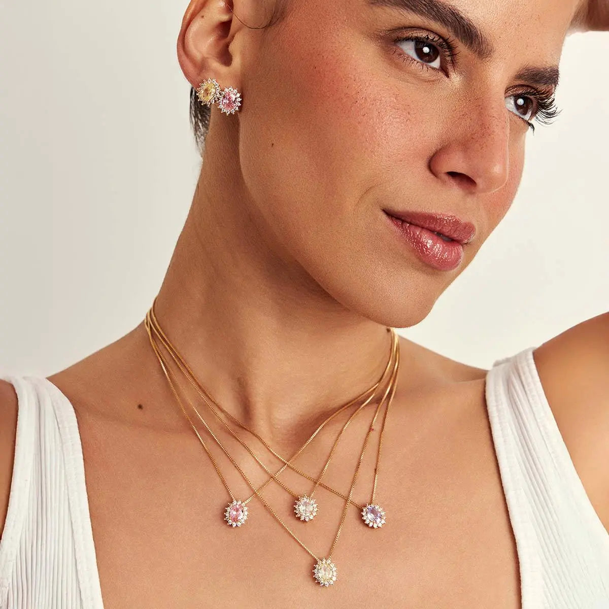 Conjunto Brinco e Colar com Cristal Oval e Zircônias