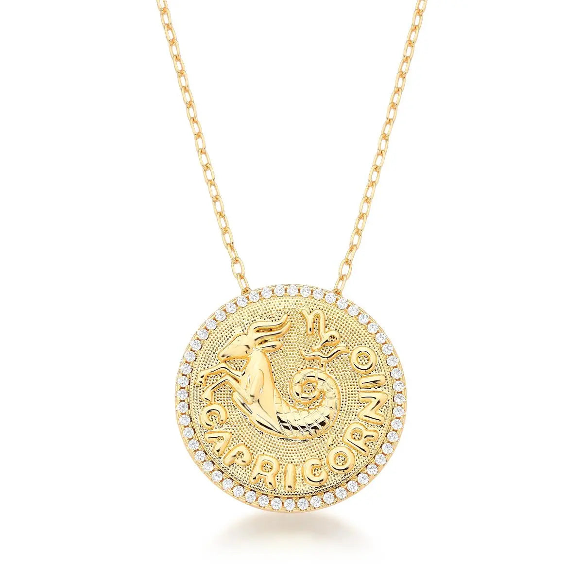 Colar Folheado a Ouro com Pingente Redondo Signo Capricórnio e Cravejado