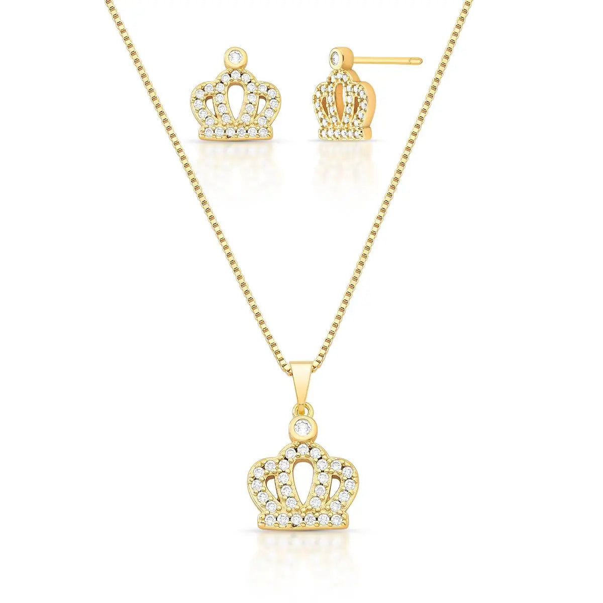 Conjunto Brinco e Colar de Coroa com Cristal Redondo e Zircônias