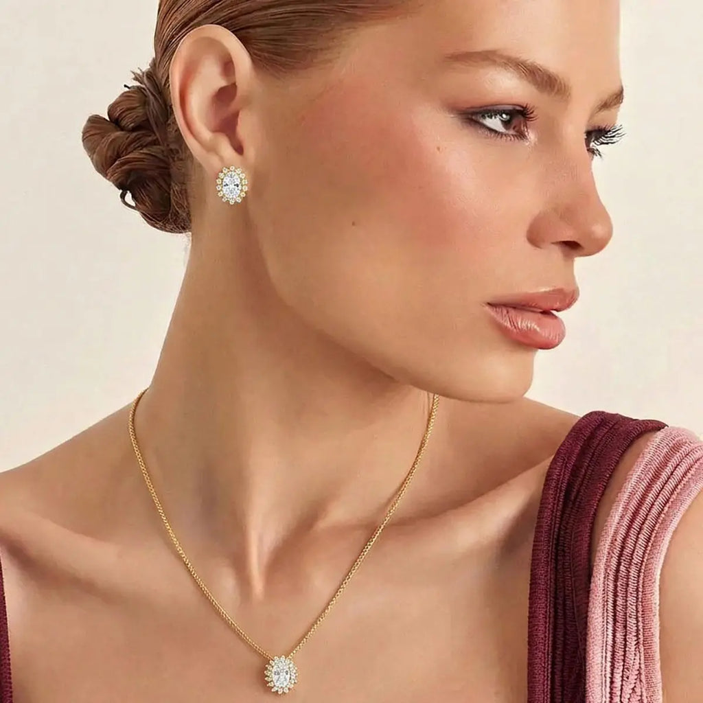 Conjunto Brinco e Colar com Cristal Oval e Zircônias