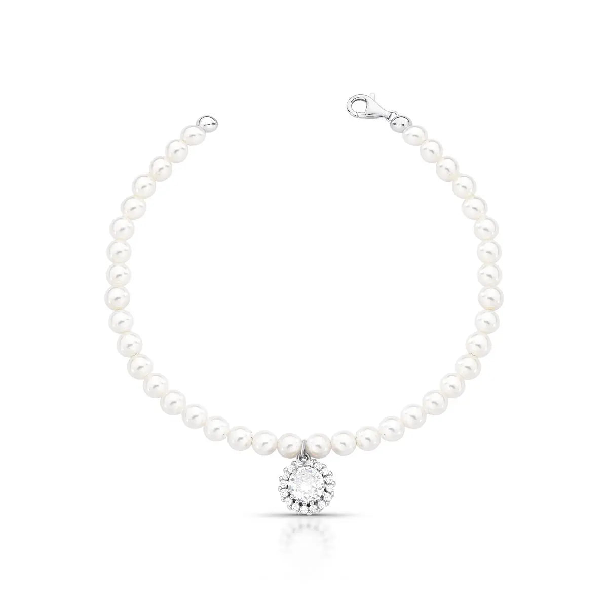 Pulseira de Prata 925 com Cristal Redondo e Pérola Shell