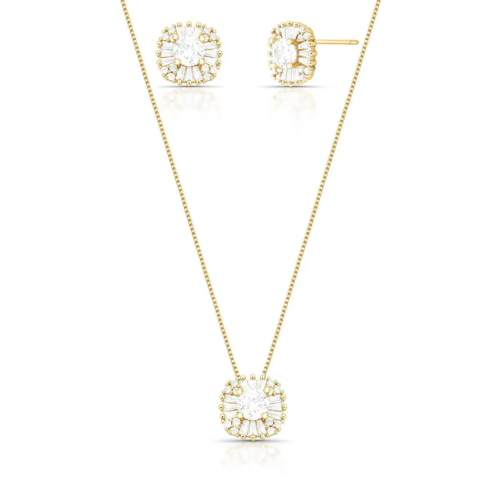Conjunto Folheado a Ouro Brinco e Colar Quadrado com Cristal e Zircônias