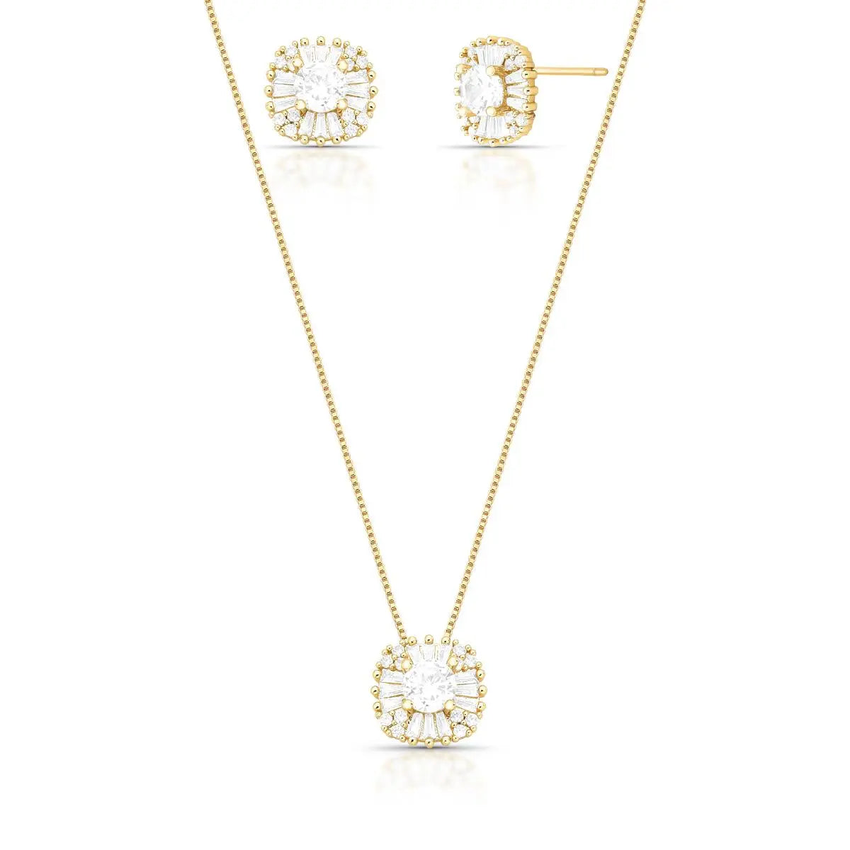 Conjunto Folheado a Ouro Brinco e Colar Quadrado com Cristal e Zircônias