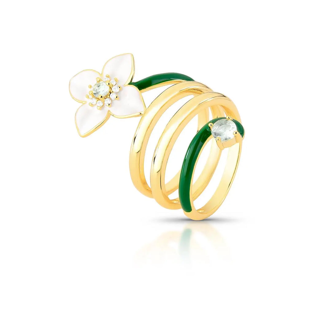 Anel Folheado a Ouro de Flor Esmaltado com Cristal e Zircônia Quatro Voltas