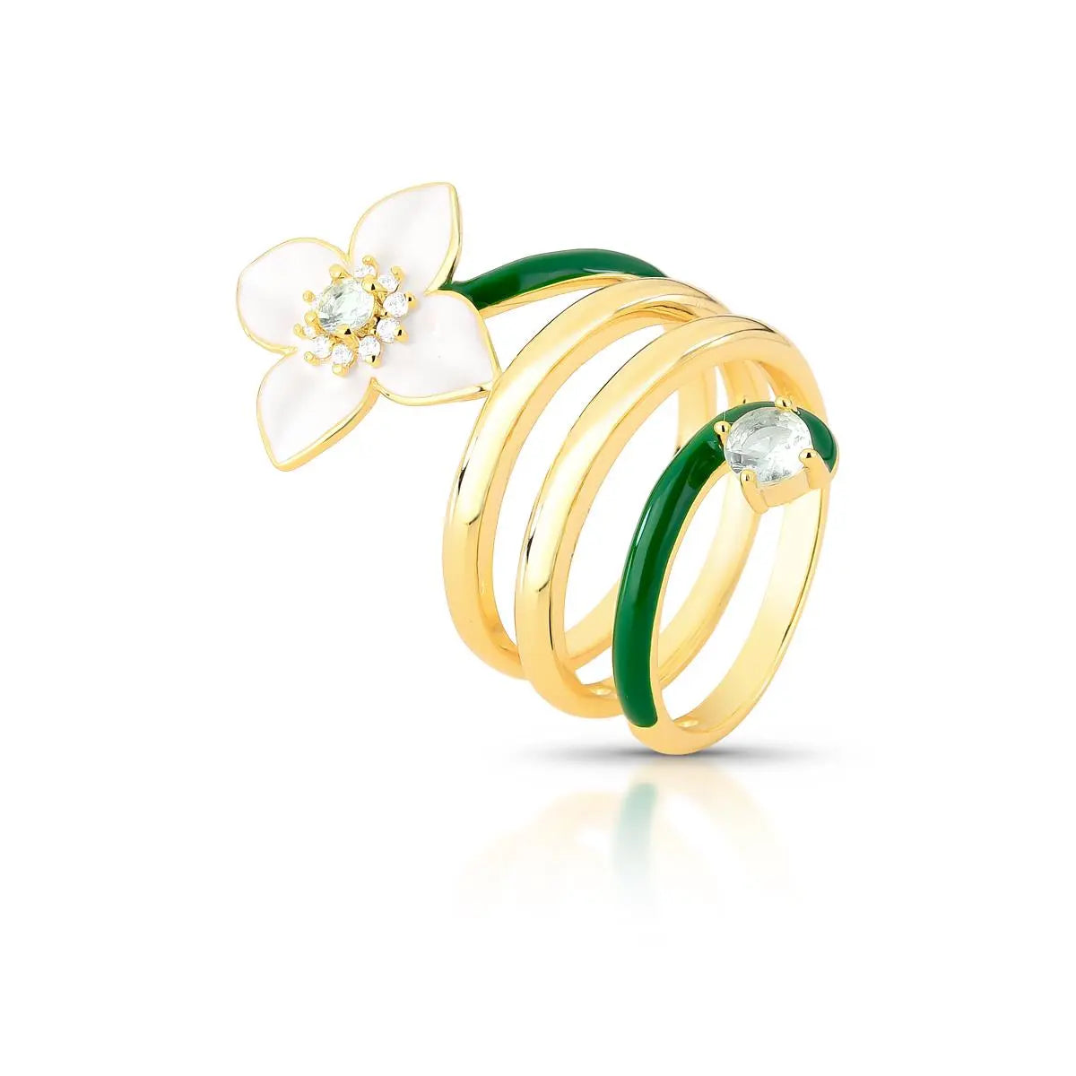 Anel Folheado a Ouro de Flor Esmaltado com Cristal e Zircônia Quatro Voltas