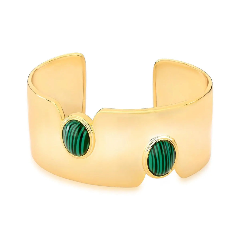 Bracelete Folheado a Ouro com Pedra Oval Malaquita com Abertura