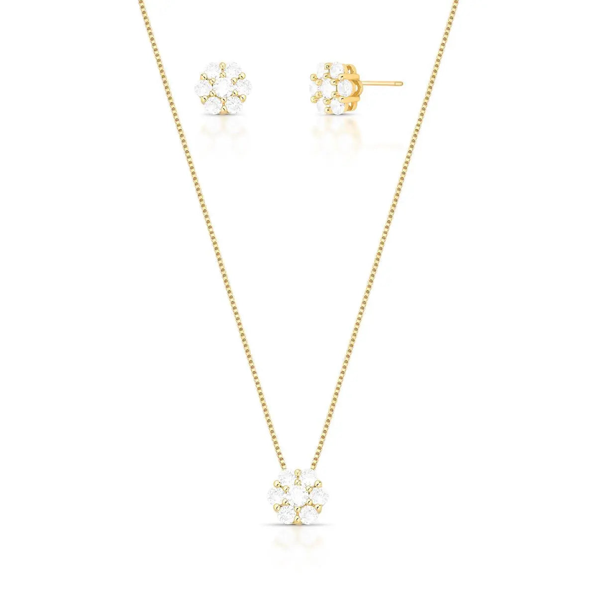 Conjunto Folheado a Ouro Brinco e Colar de Flor em Cristais Redondos