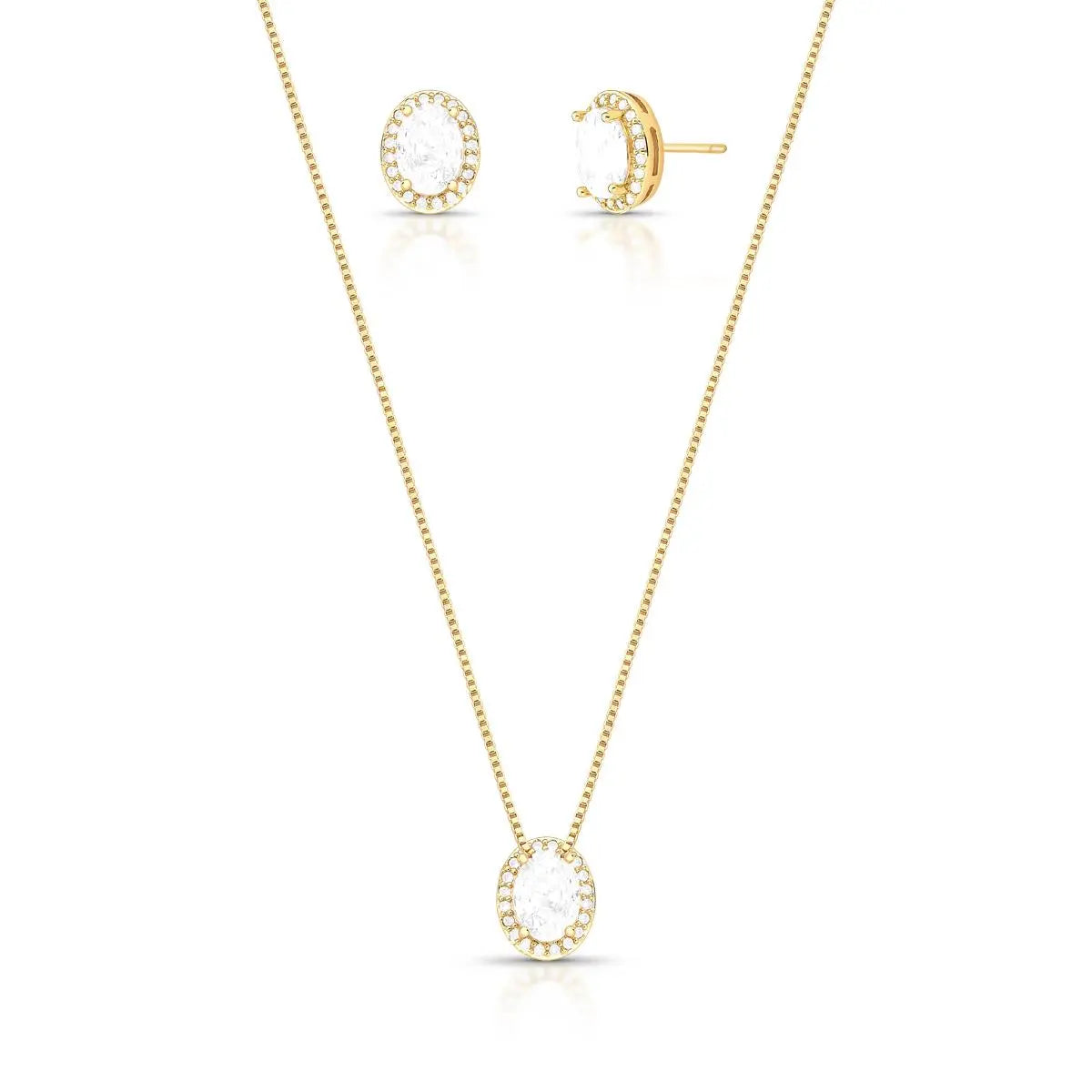 Conjunto Brinco e Colar com Cristal Oval e Zircônias