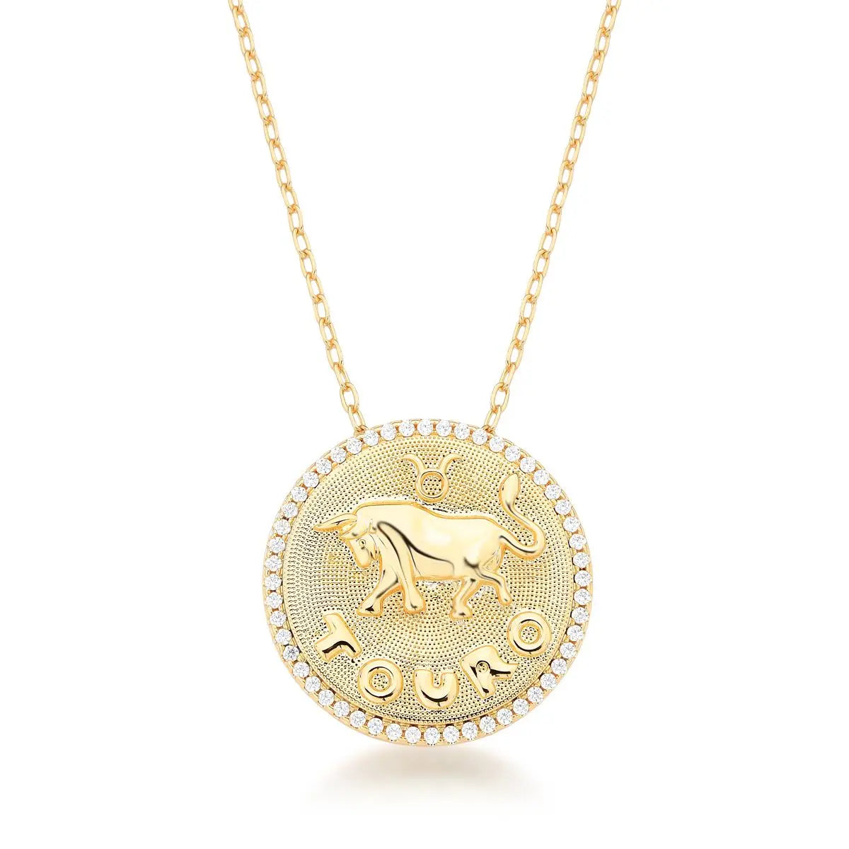 Colar Folheado a Ouro com Pingente Redondo Signo Touro e Cravejado