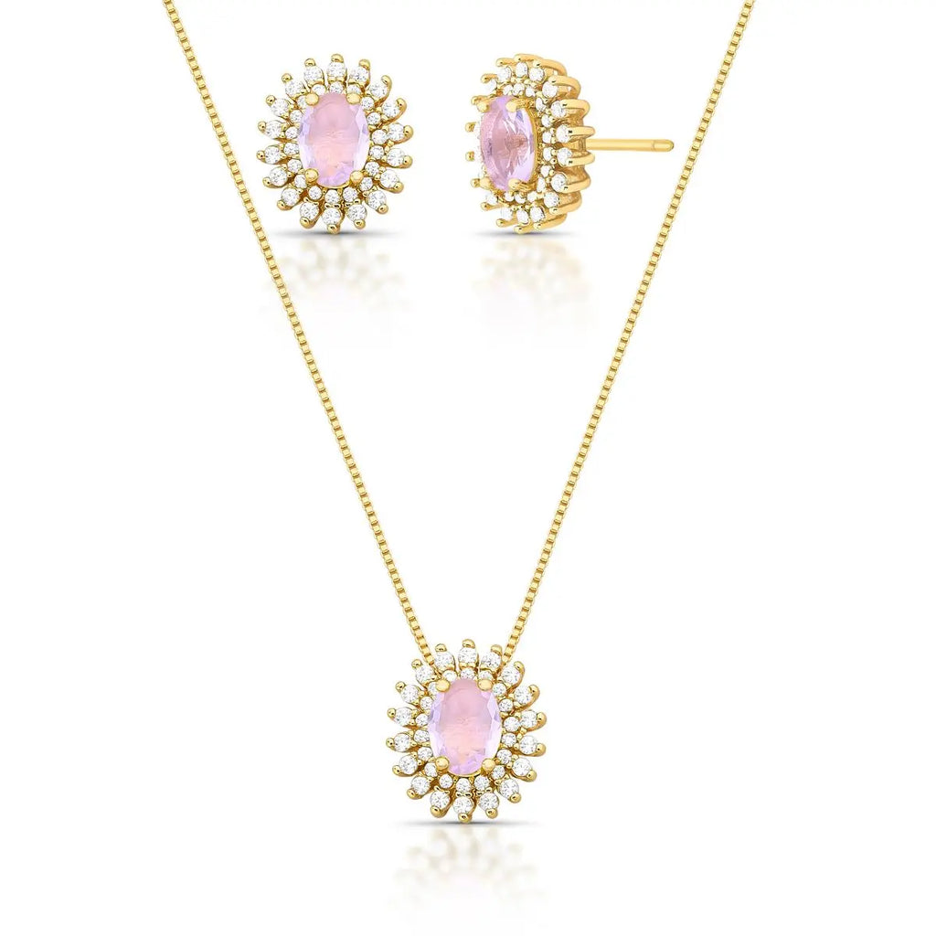 Conjunto Brinco e Colar com Cristal Oval e Zircônias
