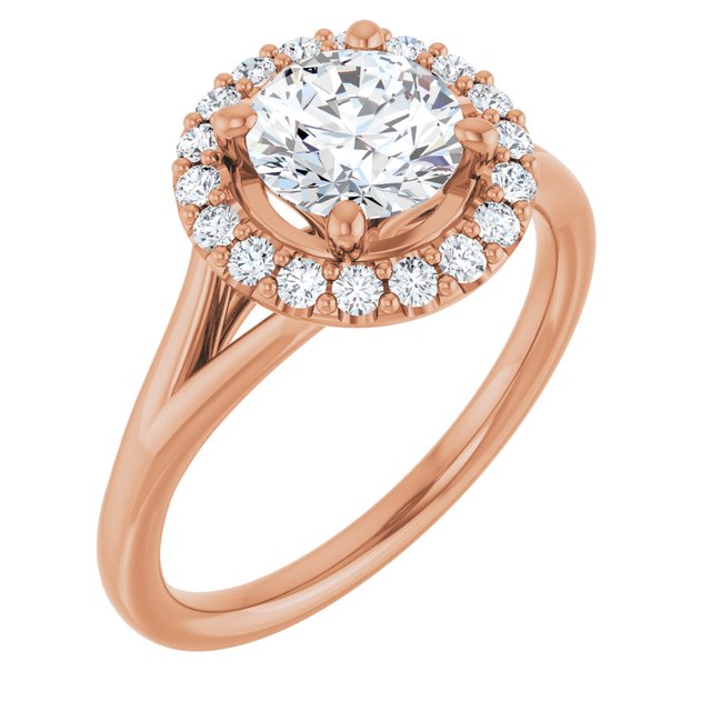Anel de Noivado Halo com Aro Liso em Ouro 14k com Diamantes Naturais – Rosé 14k